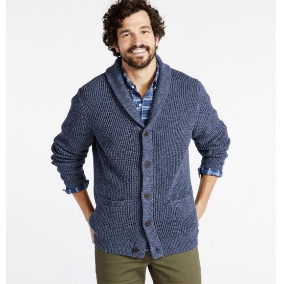 LL Bean Sweater Cardigan L Organic Cotton Waffle Knit Shawl Collar Chunky Knit - Picture 1 of 14